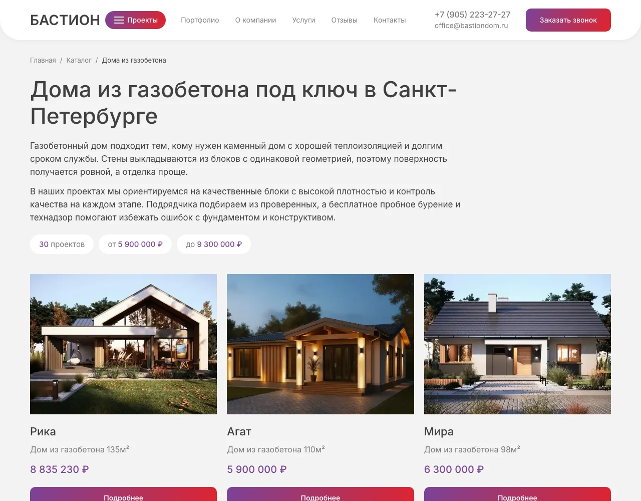 Подборка «Дома из газобетона под ключ в Санкт-Петербурге» на сайте «Бастион»: 30 проектов от 5 900 000 до 9 300 000 рублей
