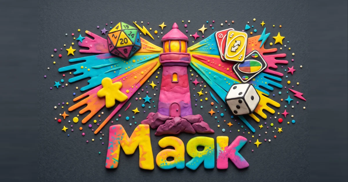 Логотип клуба настольных игр «Маяк»: маяк, лучи, игральные кости, карты и миппл