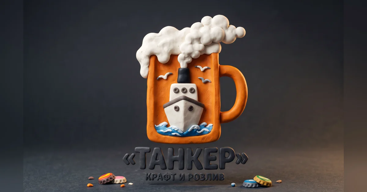 Логотип пивного магазина «Танкер»: пивная кружка, внутри которой корабль с дымящей трубой, на черном фоне