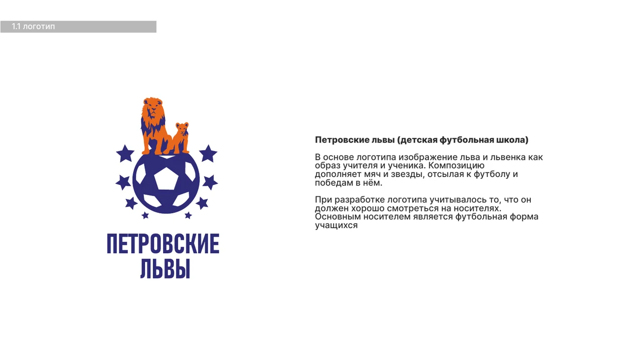 Страница брендбука с основным логотипом «Петровские львы»: лев и львенок на мяче со звездами и описание идеи знака